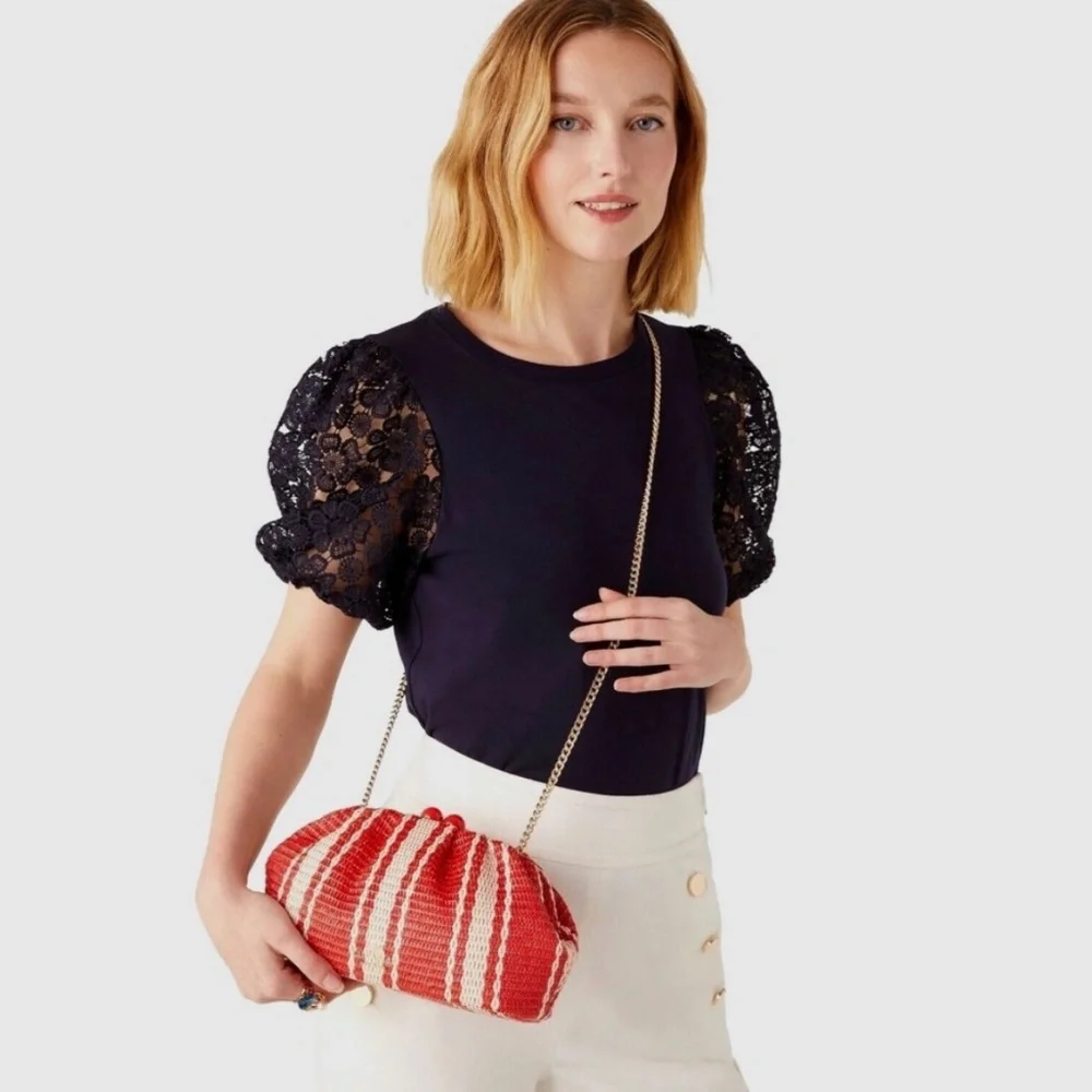 New Kate Spade Scrunchy Convertible Kisslock Clutch Heirloom Straw - Picture 7 of 8